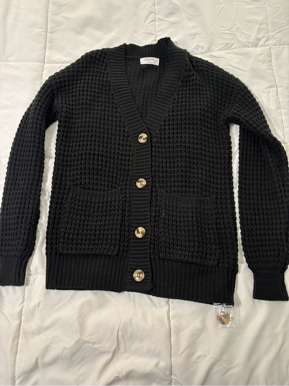 Zanone Black Waffle Knit Cardigan with Contrast Buttons